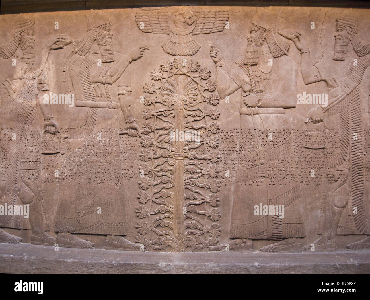 Assyrian King Ashurnasirpal appearing twice with Sacred Tree on gypsum carved panel Stock Photo