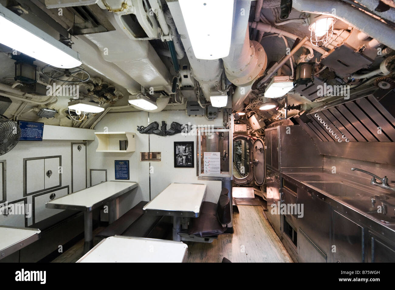 After Battery Compartment & dining area of the submarine USS Clamagore, Patriots Point Naval Museum, Charleston, South Carolina Stock Photo