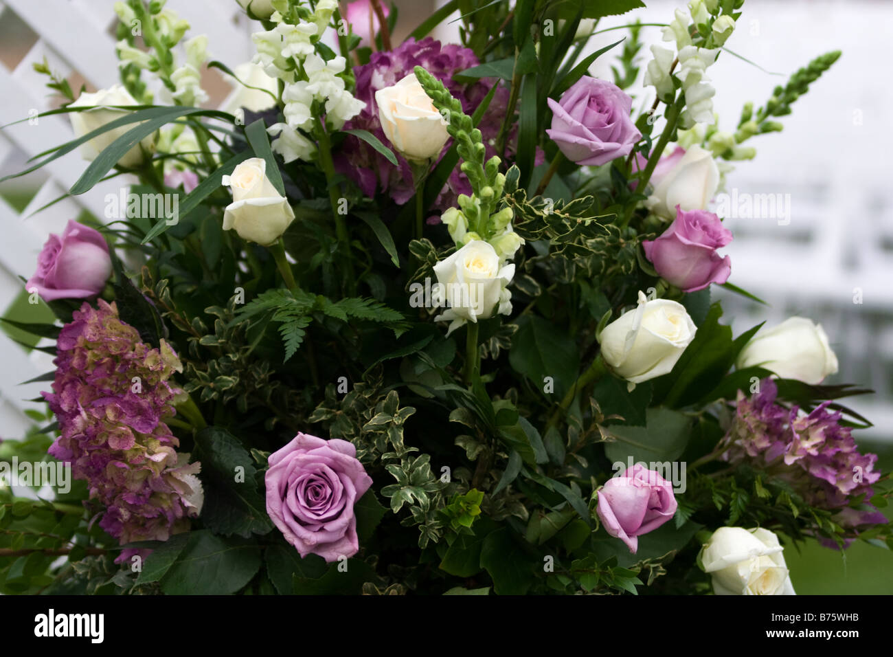 Lavender and White Roses In a Wedding Bouquet Stock Photo