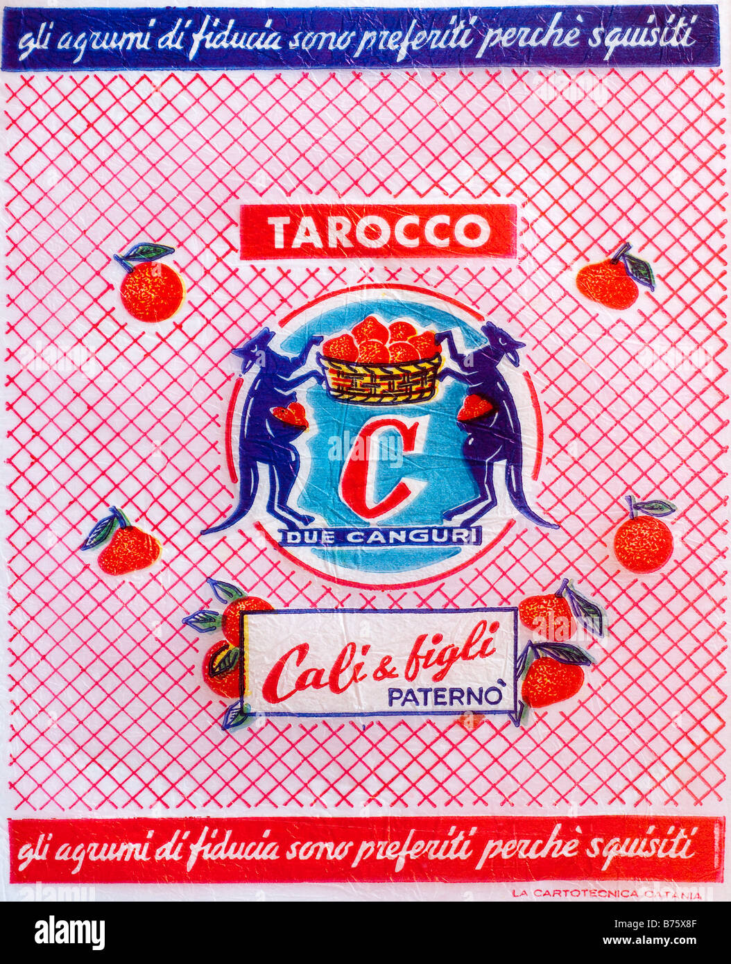 Printed ephemera / Citrus fruit wrapper from Italy - Kangaroos holding basket illustration on tissue paper. Stock Photo