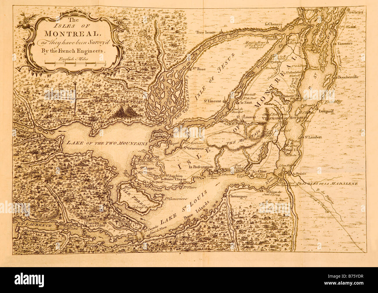 A map printed in London England circa 1761 showing Montreal and the surrounding areas in Canada. Stock Photo