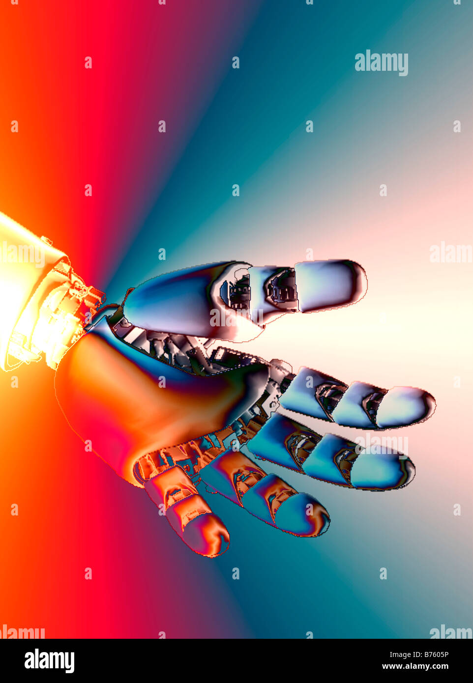 conceptual view of robotic hand and arm of computer generated 3D robot character Stock Photo