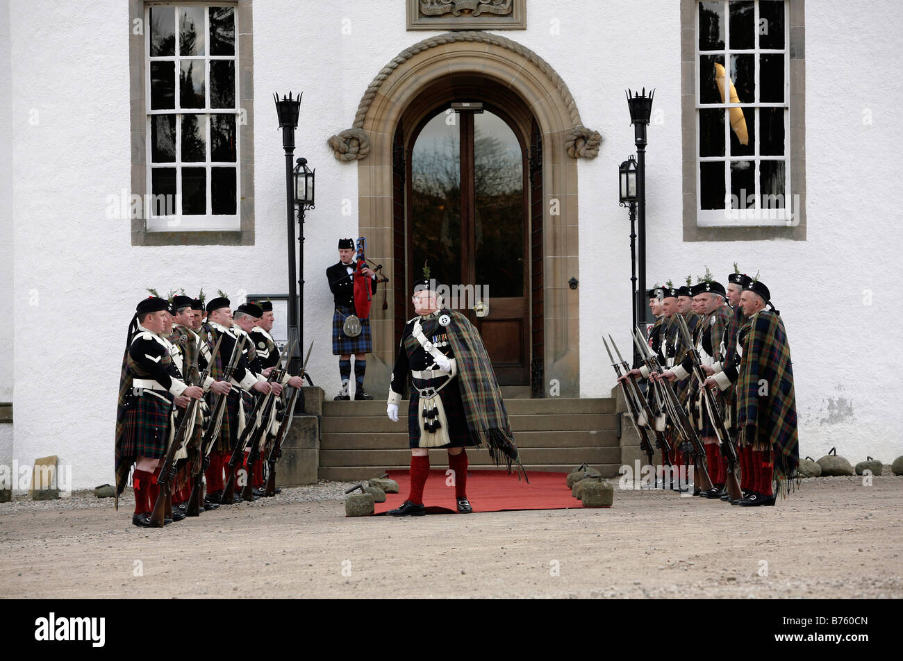 The Atholl Highlanders on parade at Blair Castle Blair Atholl The Atholl Highlanders are Europe's only remaining private army Stock Photo