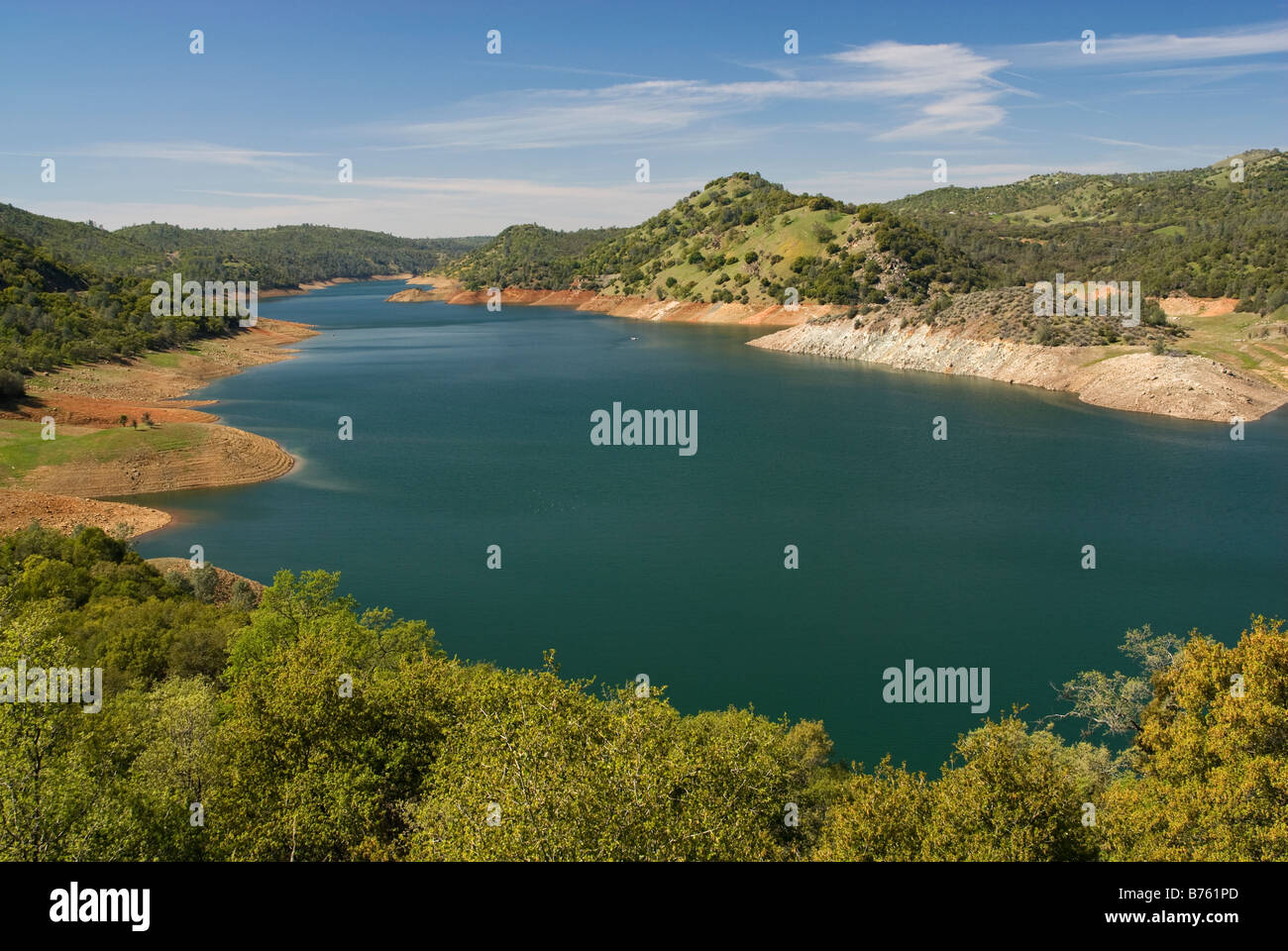 Low water level at Don Pedro Reservoir on Tuolumne River Gold Country California USA Stock Photo