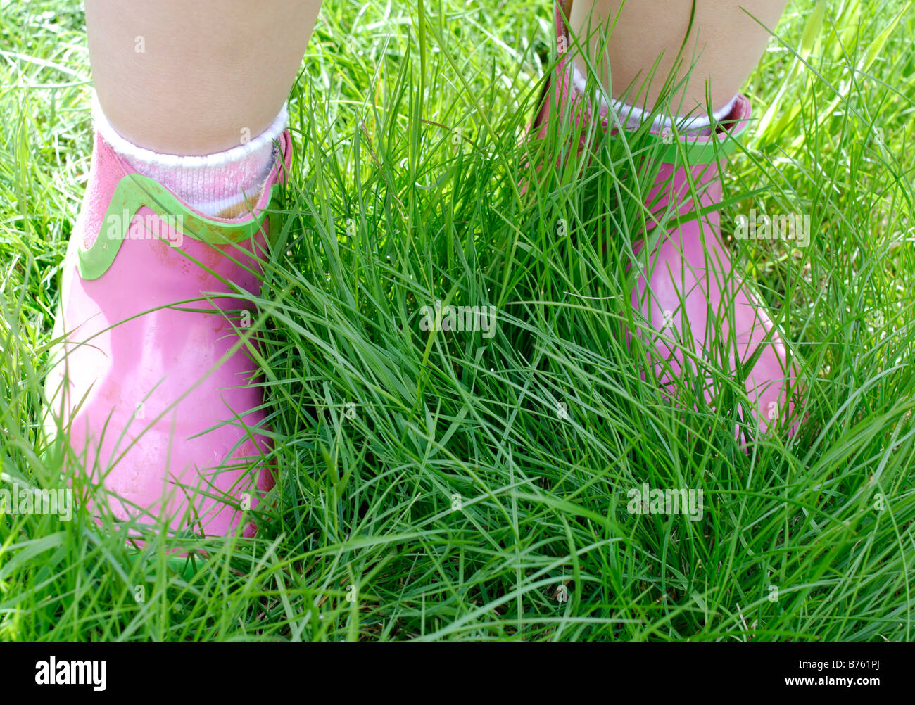 Close up of the feet of a two year old girl in pink gumboots standing in long grass Stock Photo