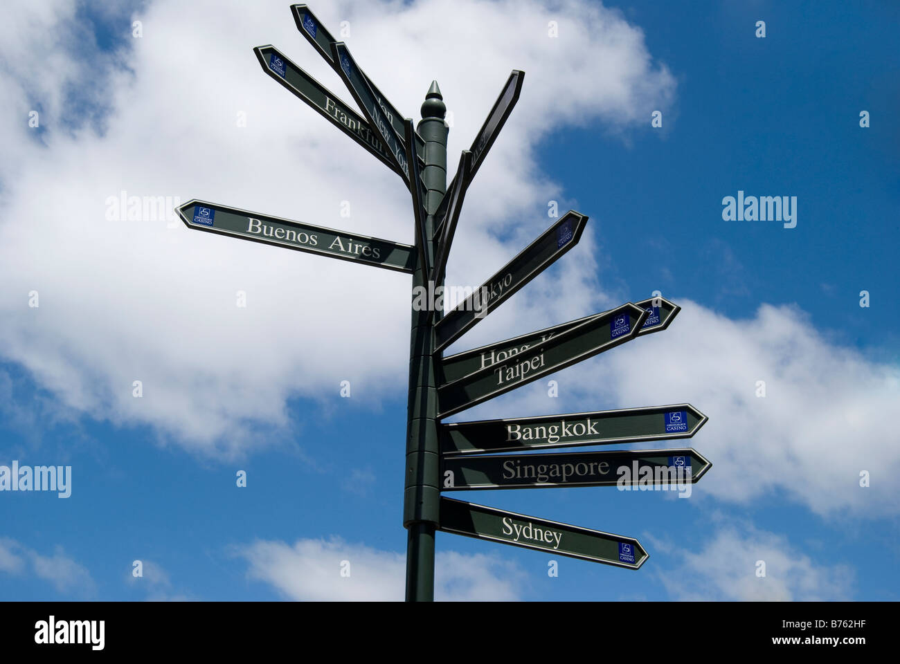 World city destinations signpost, Victoria Street, Christchurch, Canterbury, New Zealand Stock Photo