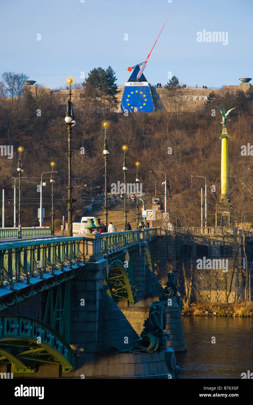 Metronome at Cechuv most bridge with the EU flag marking Czech EU presidency in 2009 in Prague Czech Republic Europe Stock Photo