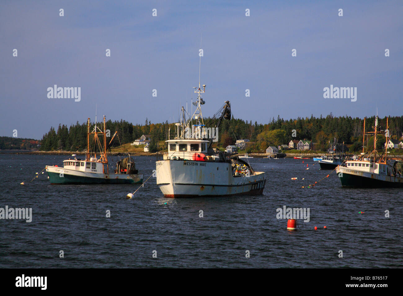 Harbor at Sunset, Port Clyde, Maine, USA Stock Photo