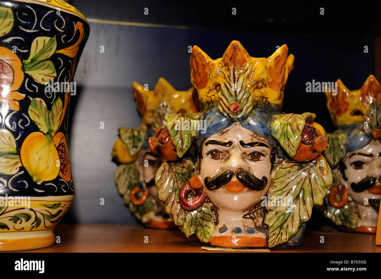 Ceramic Head planter, a popular ornament in Sicily, Italy Stock Photo