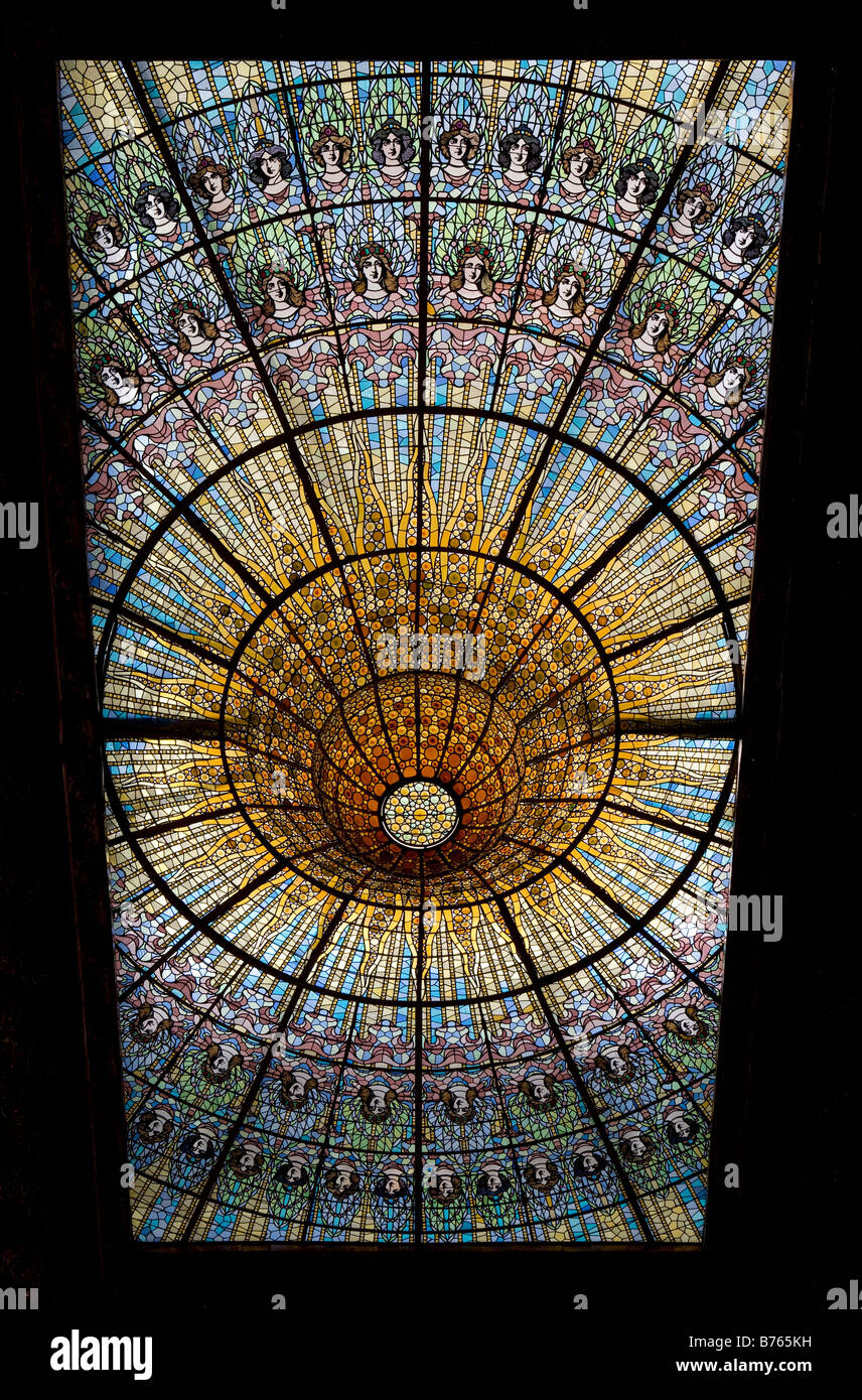 Skylight of stained glass with central inverted dome designed by Antoni Rigalt, Palau de la Musica Catalana, Barcelona Stock Photo