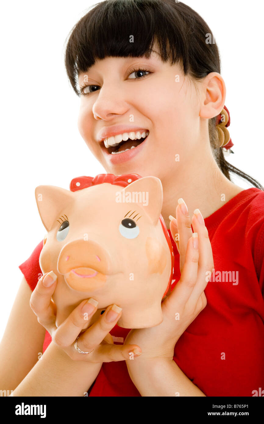 girl with piggybank Stock Photo