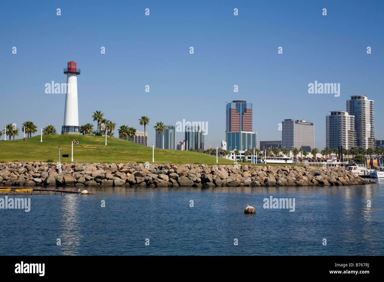 Lions Lighthouse for Sight, Rainbow Harbor, Long Beach Skyline, California, USA Stock Photo