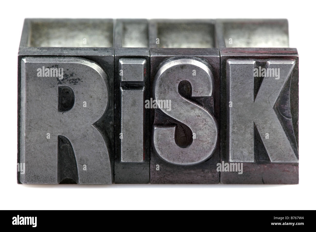 The word Risk in old letterpress printing blocks isolated on a white background Stock Photo