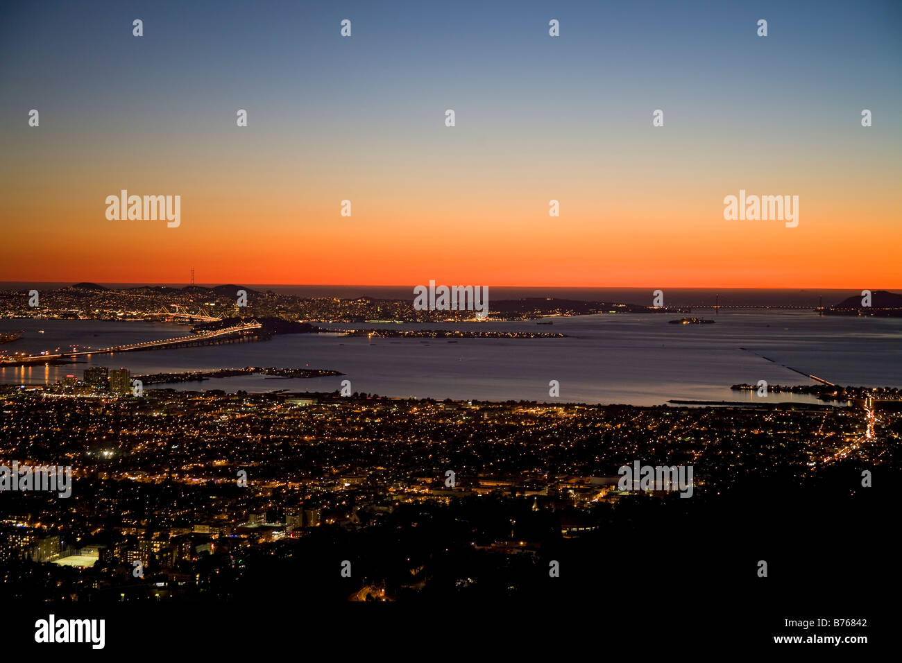 San Francisco Skyline from Berkeley Hills, Oakland Bay Bridge and San Francisco Bay Stock Photo