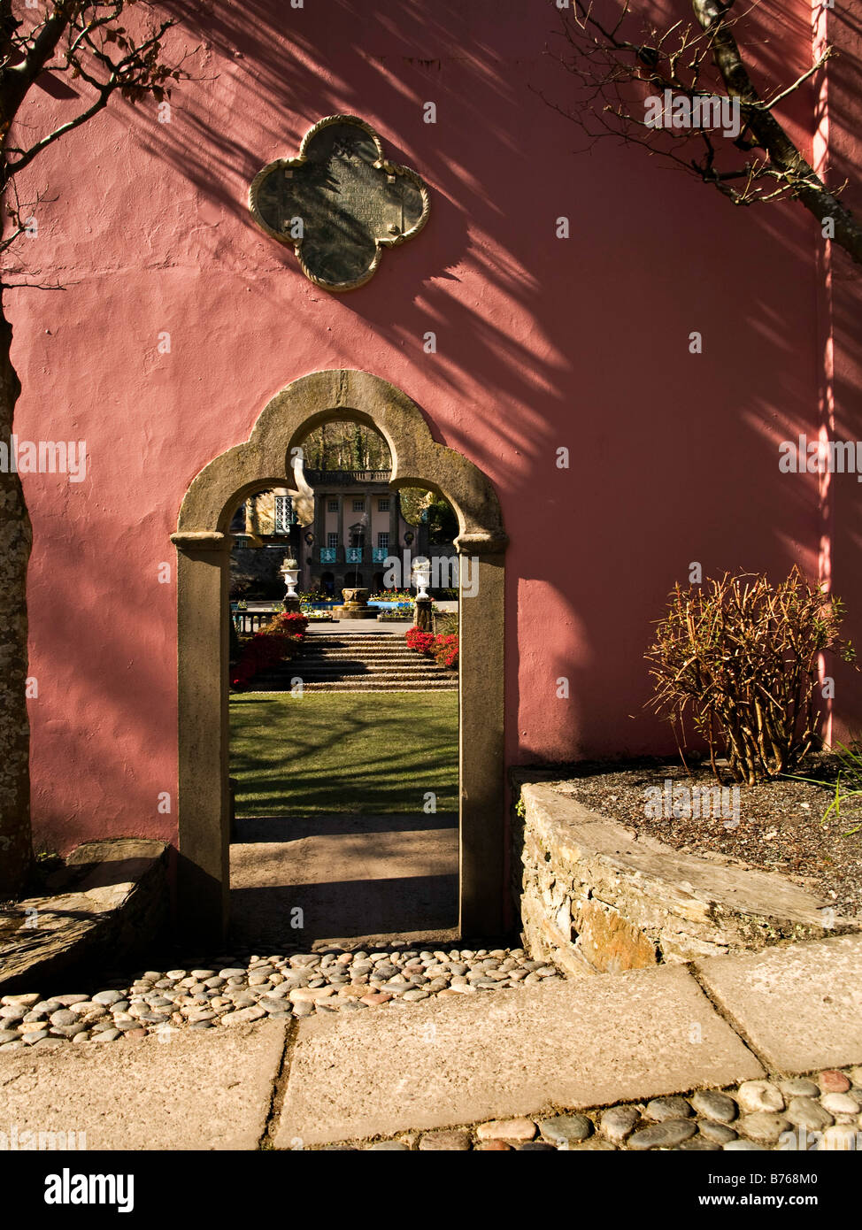 Gateway to garden in Portmeirion village  Wales Stock Photo