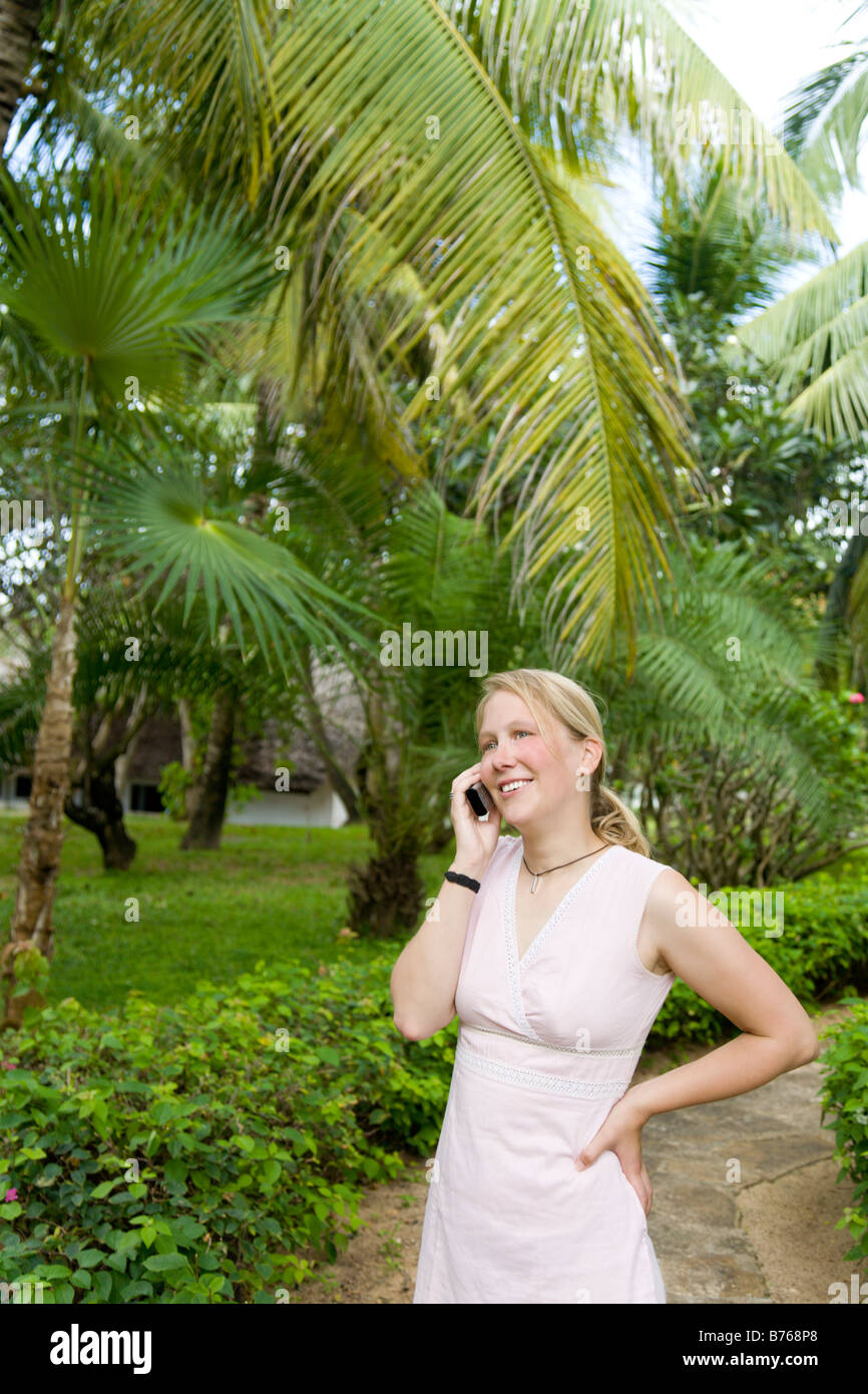 blond girl calling Stock Photo