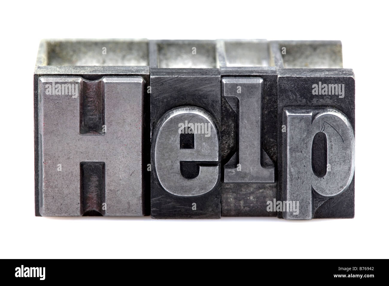 The word Help in old letterpress printing blocks isolated on a white background Stock Photo