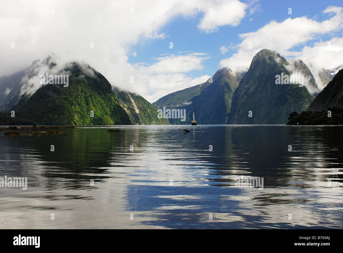 Milford Sound Fiordland National park South West New Zealand landscape scenery river bay Stock Photo