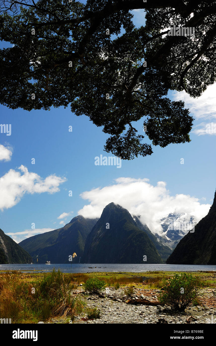 Milford Sound Fiordland National park South West New Zealand landscape scenery Stock Photo