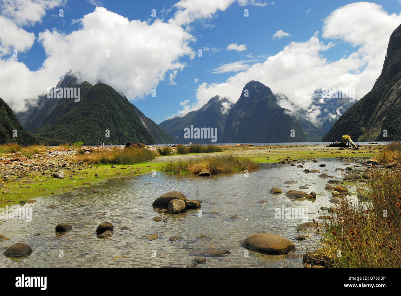 Milford Sound Fiordland National park South West New Zealand landscape scenery river Stock Photo