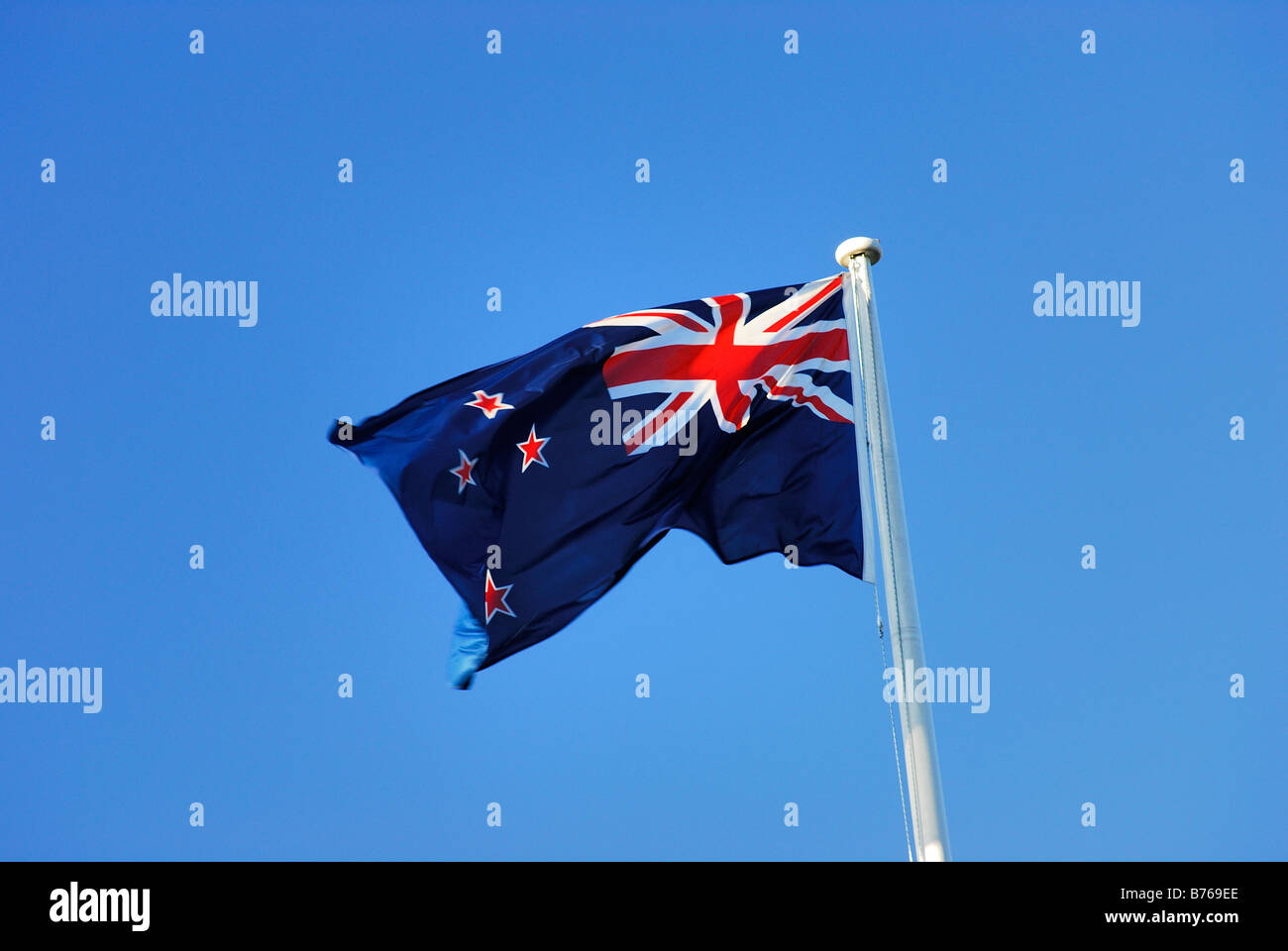 national flag new zealand blowing Christchurch Canterbury south island Stock Photo