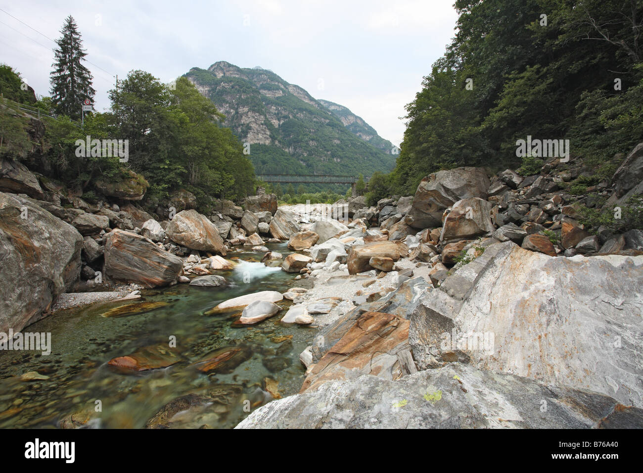 mountain torrent stones valle verzasca valley ticino switzerland europe Stock Photo