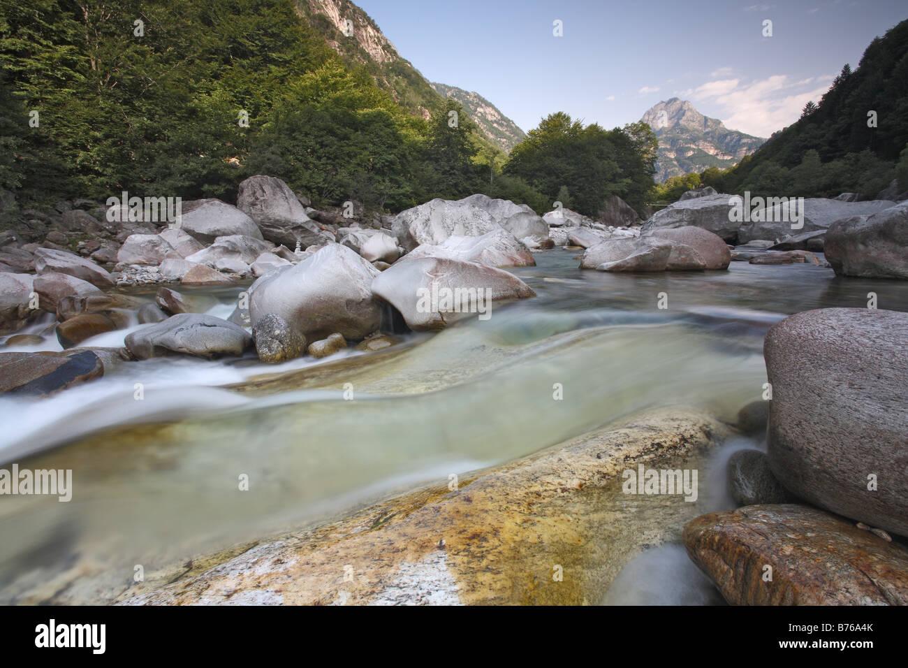 mountain torrent gebirgsbach stones water valle verzasca valley tal tessin switzerland europe Stock Photo