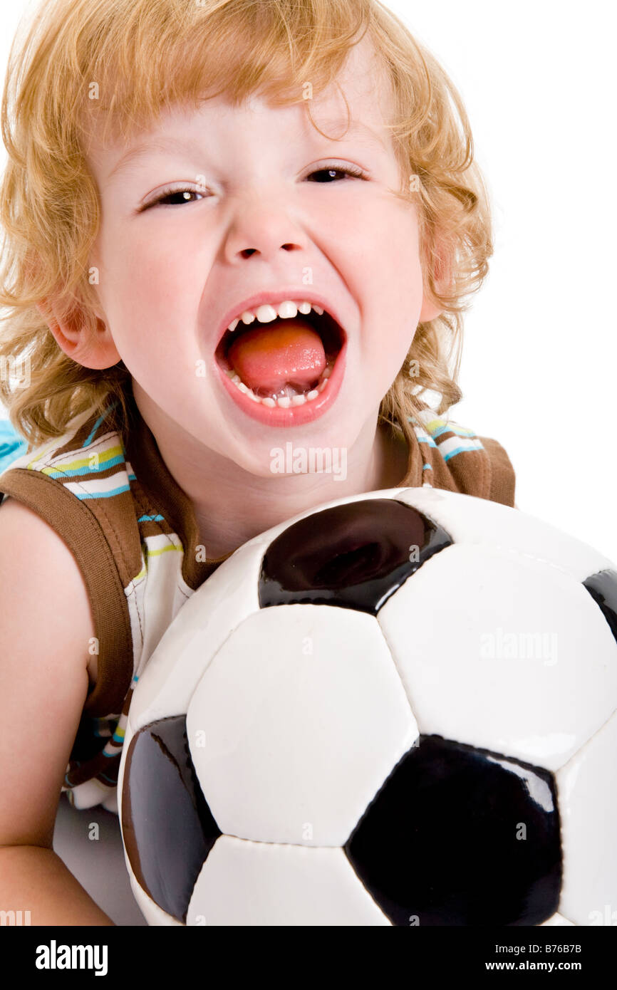three year old boy with football soccer ball Stock Photo Alamy