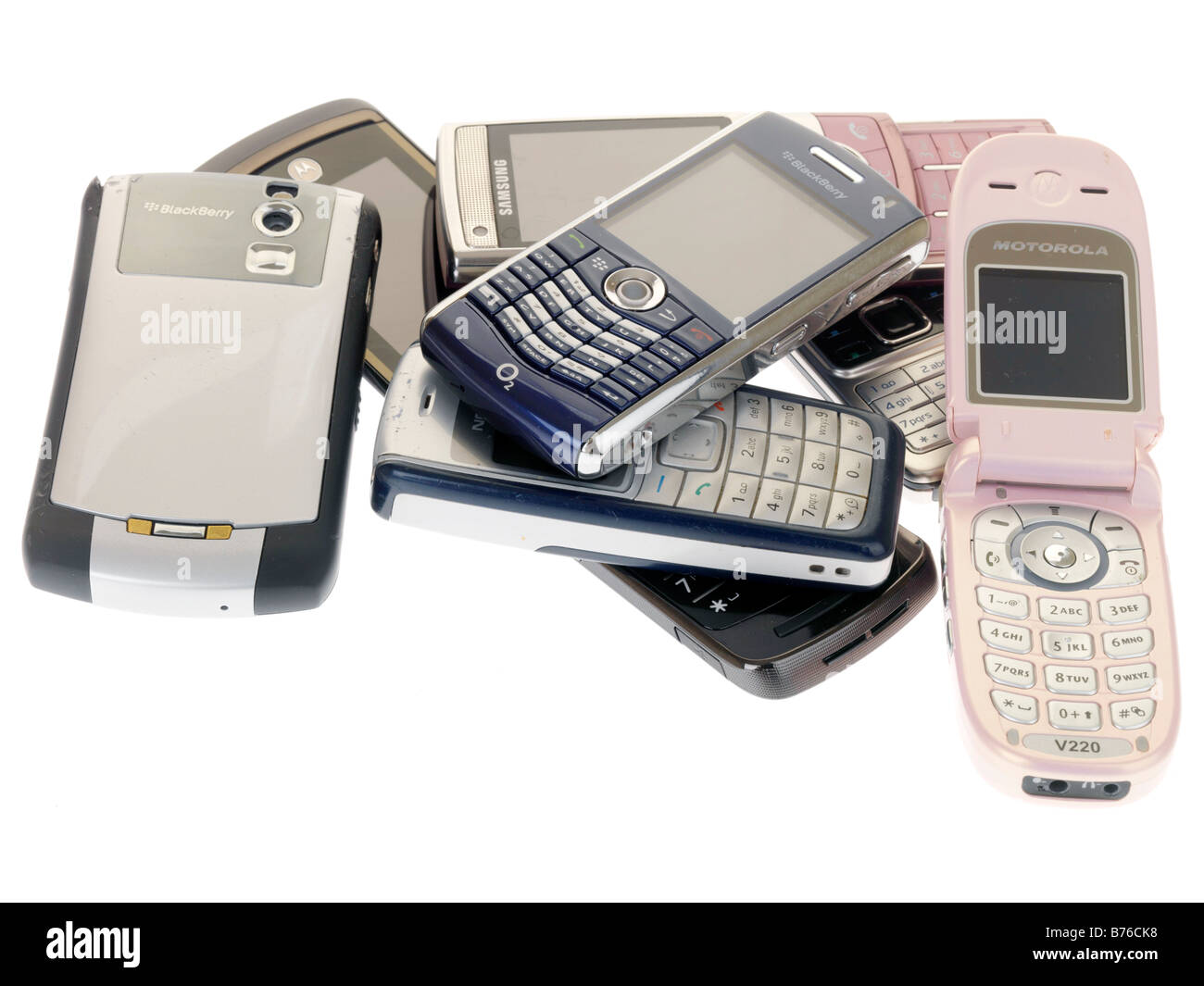 Collection or pile of old yesterdays technology mobile cell phones