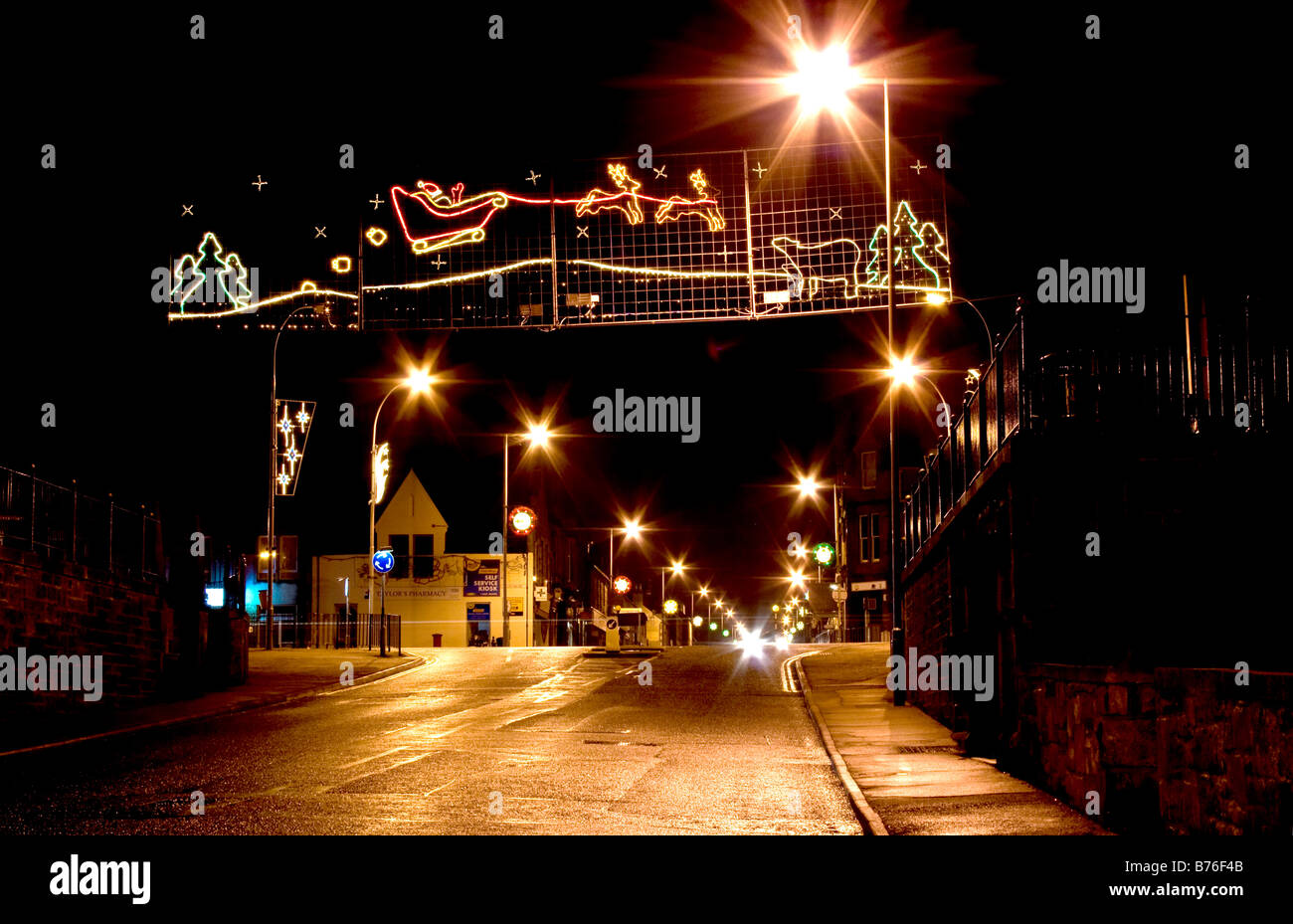 Night scene of Christmas lights over the town square in Buckie Scotland
