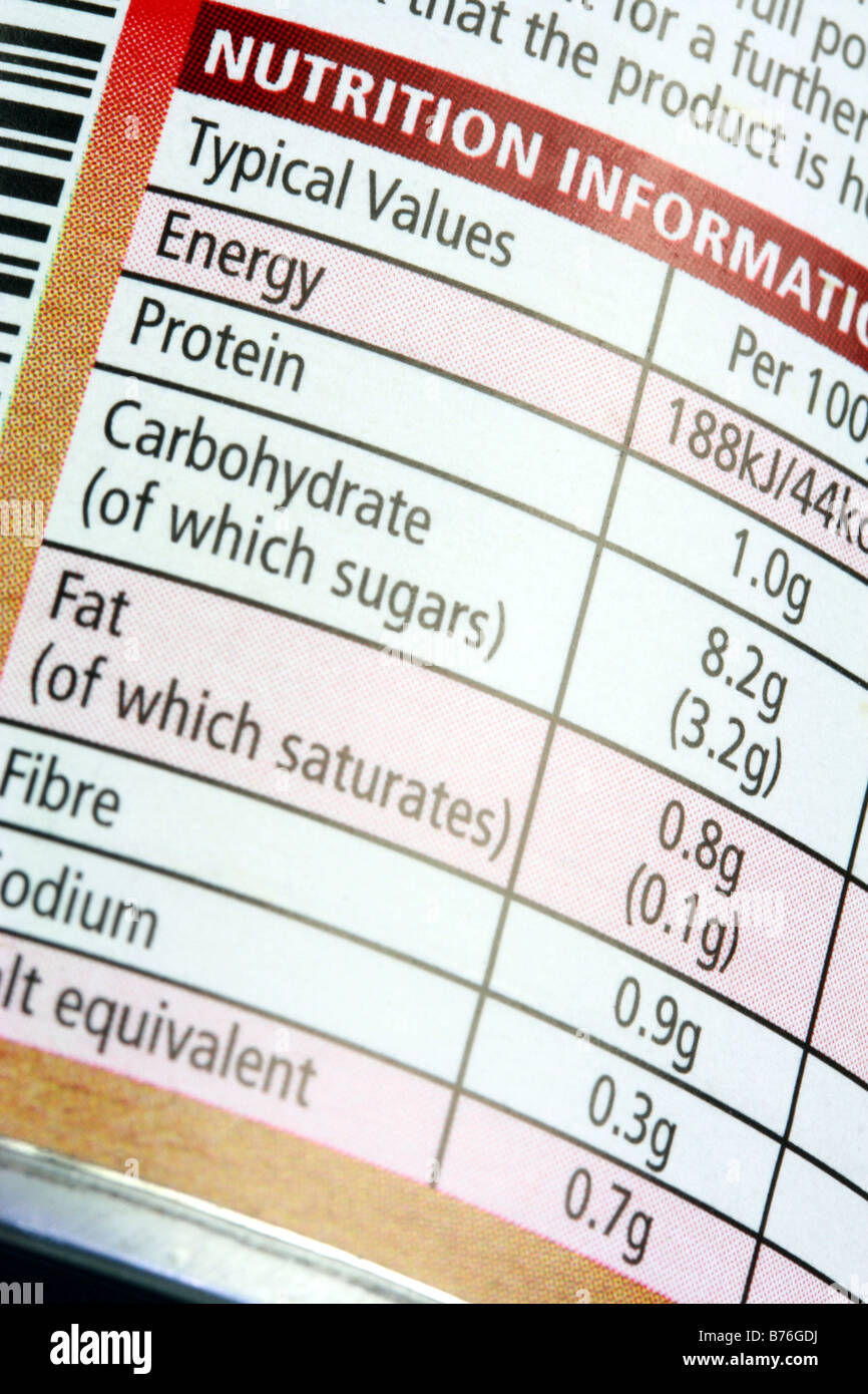 Nutrition Information printed on packaging label of tinned food Stock Photo