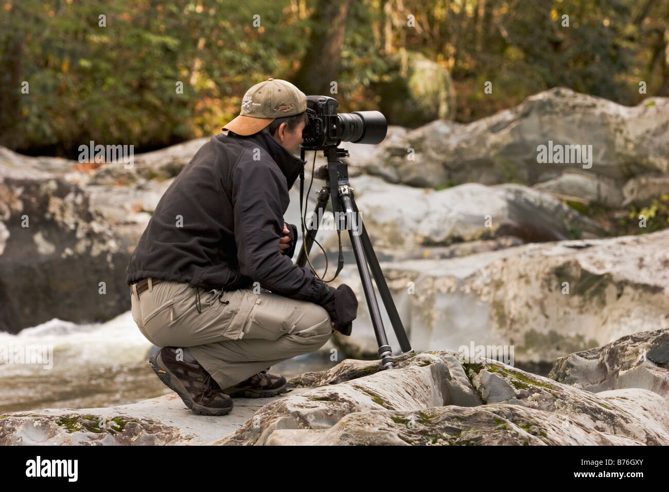Photographer on the Little Pigeon River in the Smoky Mountains Stock Photo