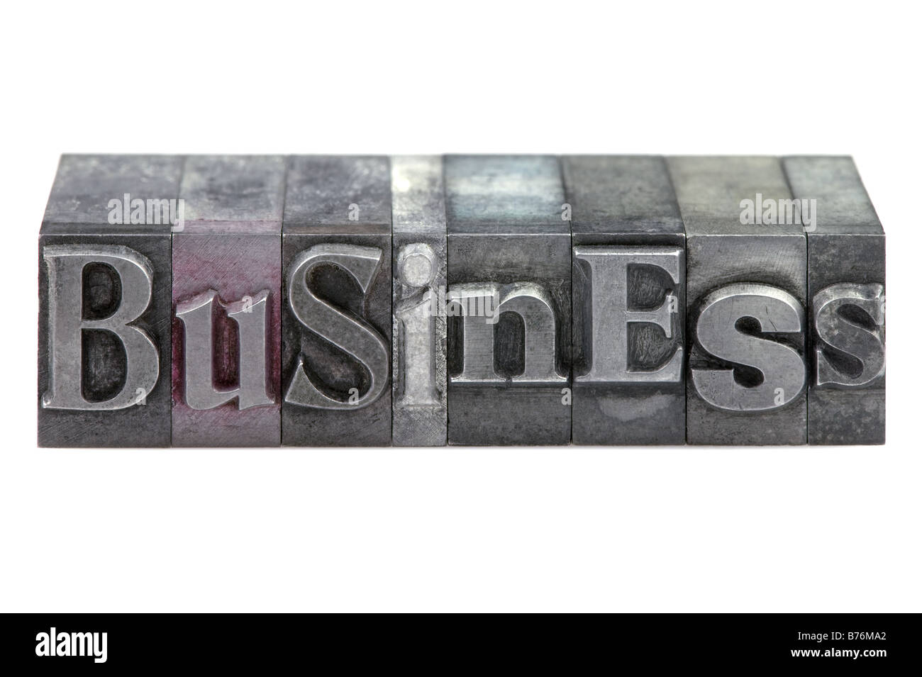 The word Business in old letterpress printing blocks isolated on a white background Stock Photo