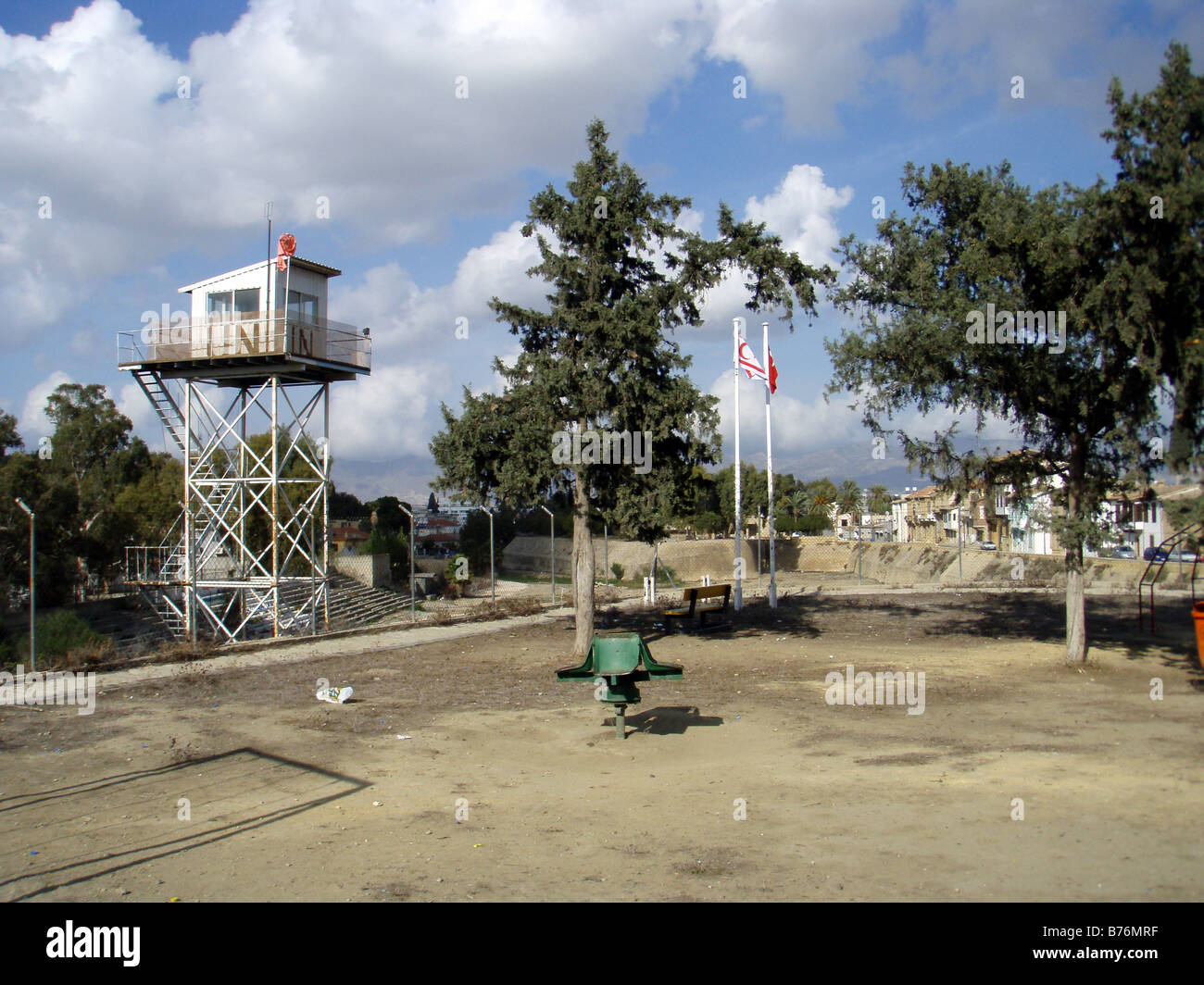 United Nations (UN) Border Watchtower in the Divided City of Nocosia/Lefkosia in Cyprus Stock Photo