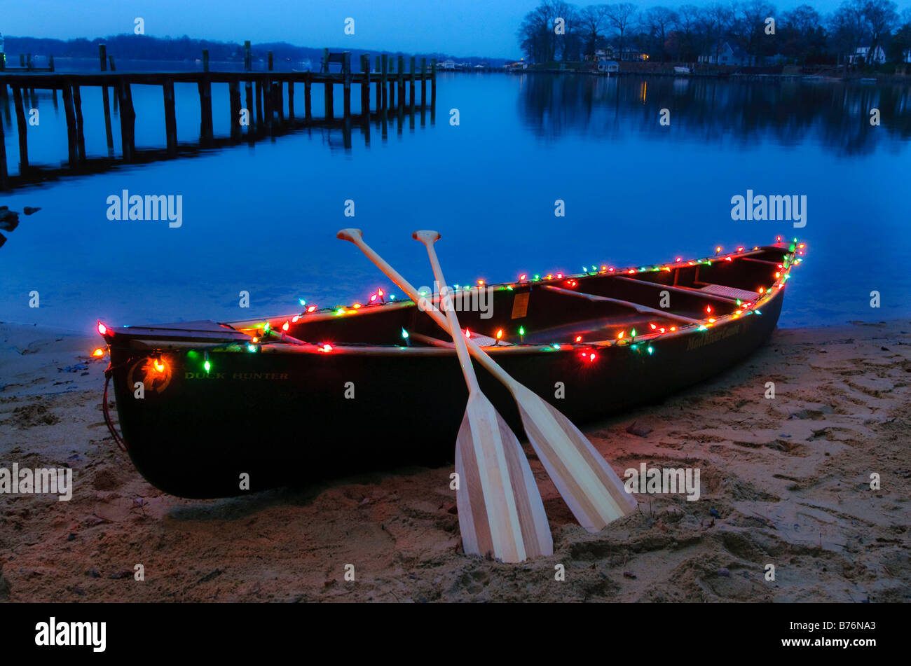 Canoe decorated for Christmas Stock Photo Alamy