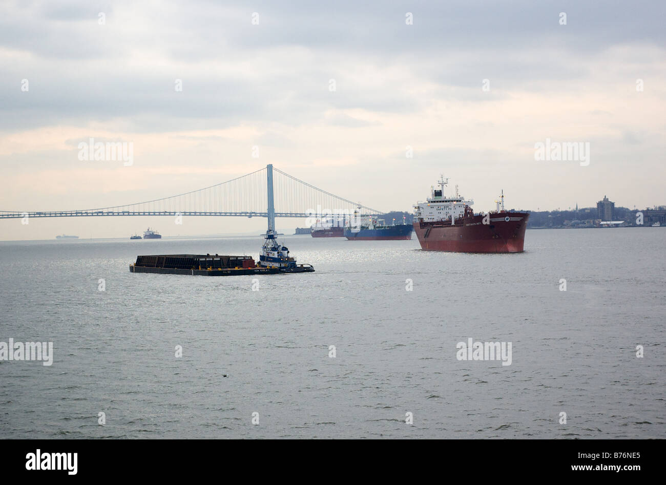 Verrazano Narrows Bridge and Several Large Ships in Upper New York Bay USA Stock Photo