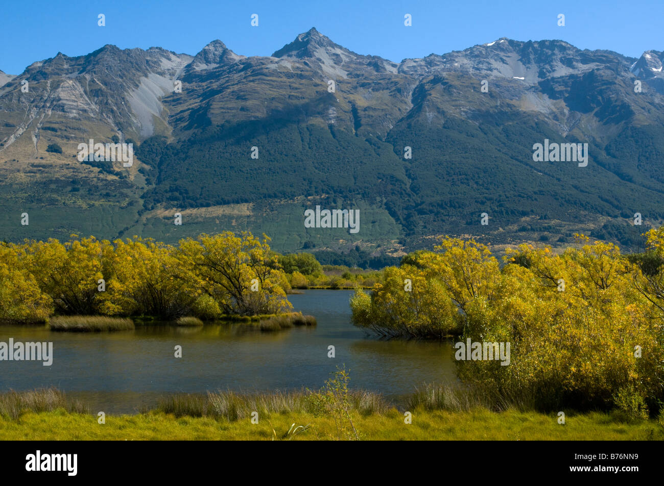 The Humboldt Mountains from the Lagoons, Glenorchy, South Island, New Zealand Stock Photo