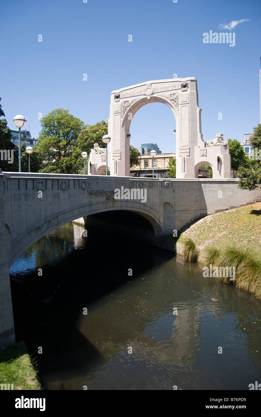The Bridge of Remembrance, Oxford Terrace, Christchurch, Canterbury, New Zealand Stock Photo