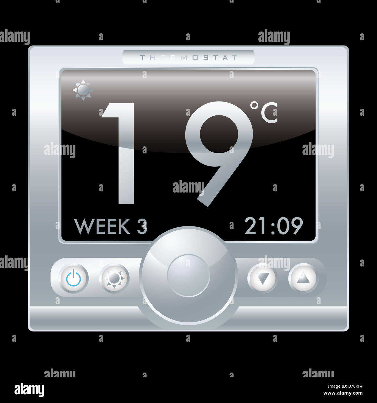 Illustration of a modern silver metal thermostat with black background ...