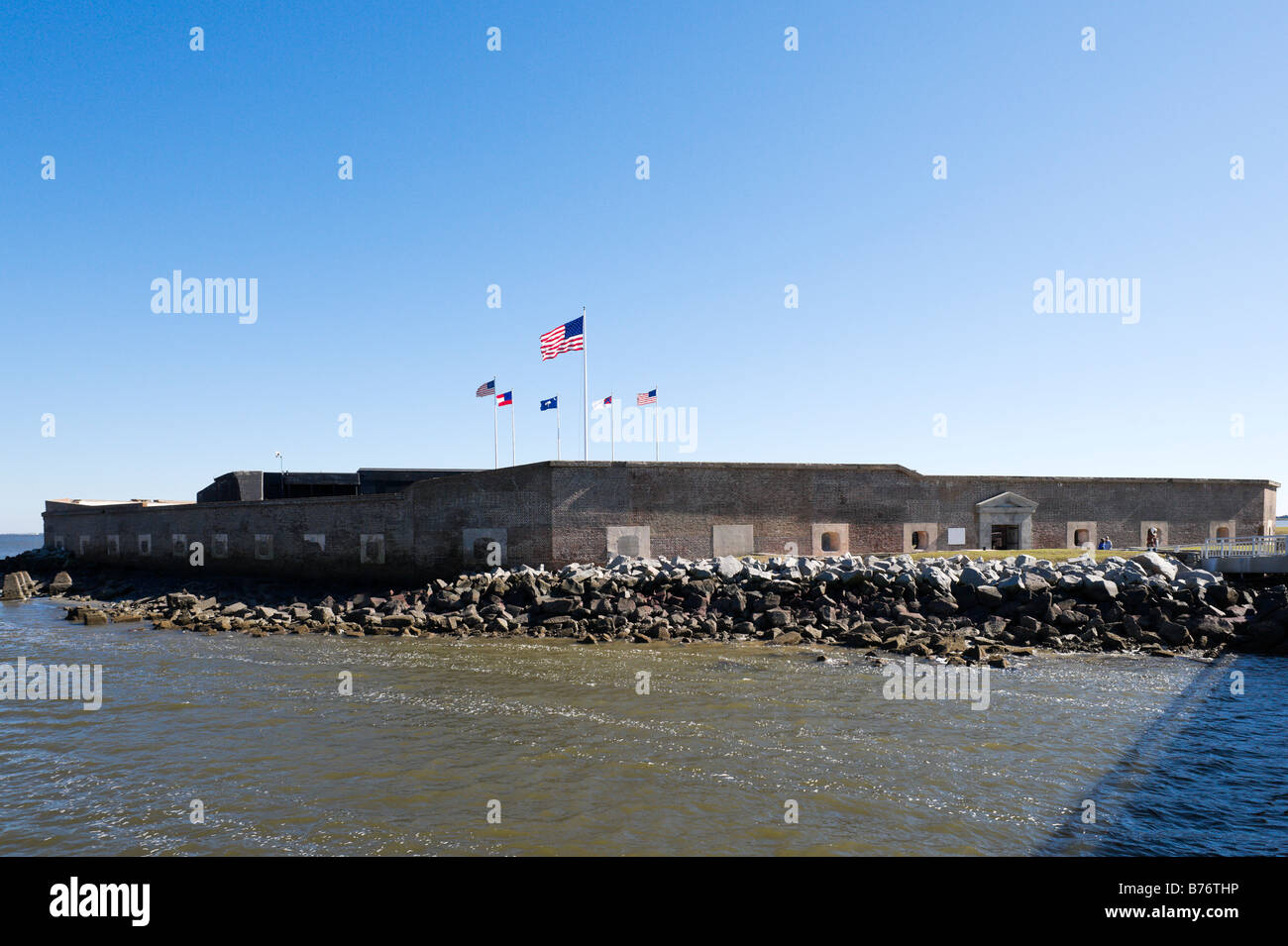 View of Fort Sumter (site of the opening shots of the American Civil War) from ferry dock, Charleston Harbor, South Carolina Stock Photo