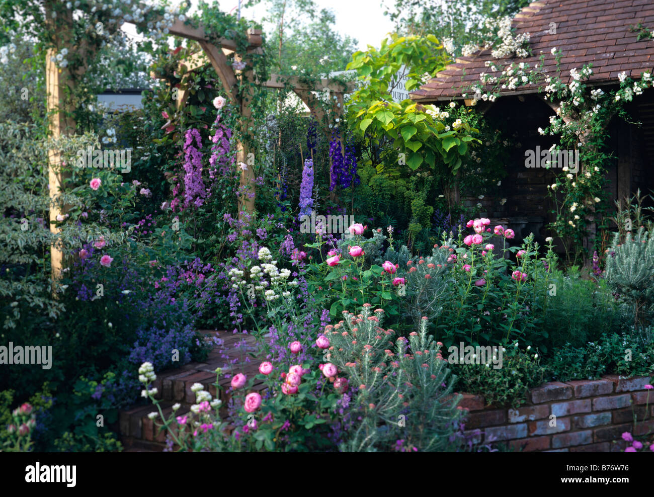 Romantic pink and mauve pastel garden Stock Photo