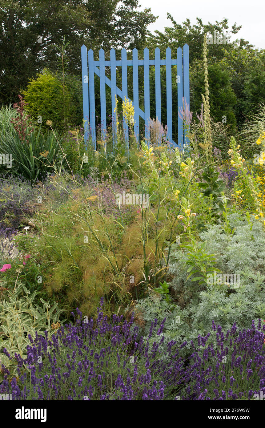 Garden with grasses and large blue gate Stock Photo