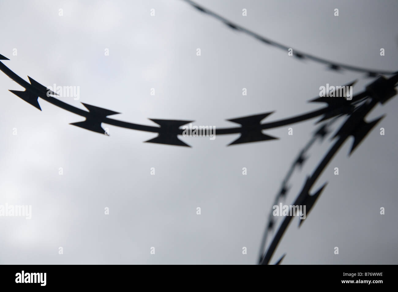 Razor wire against a grey cloudy sky Stock Photo