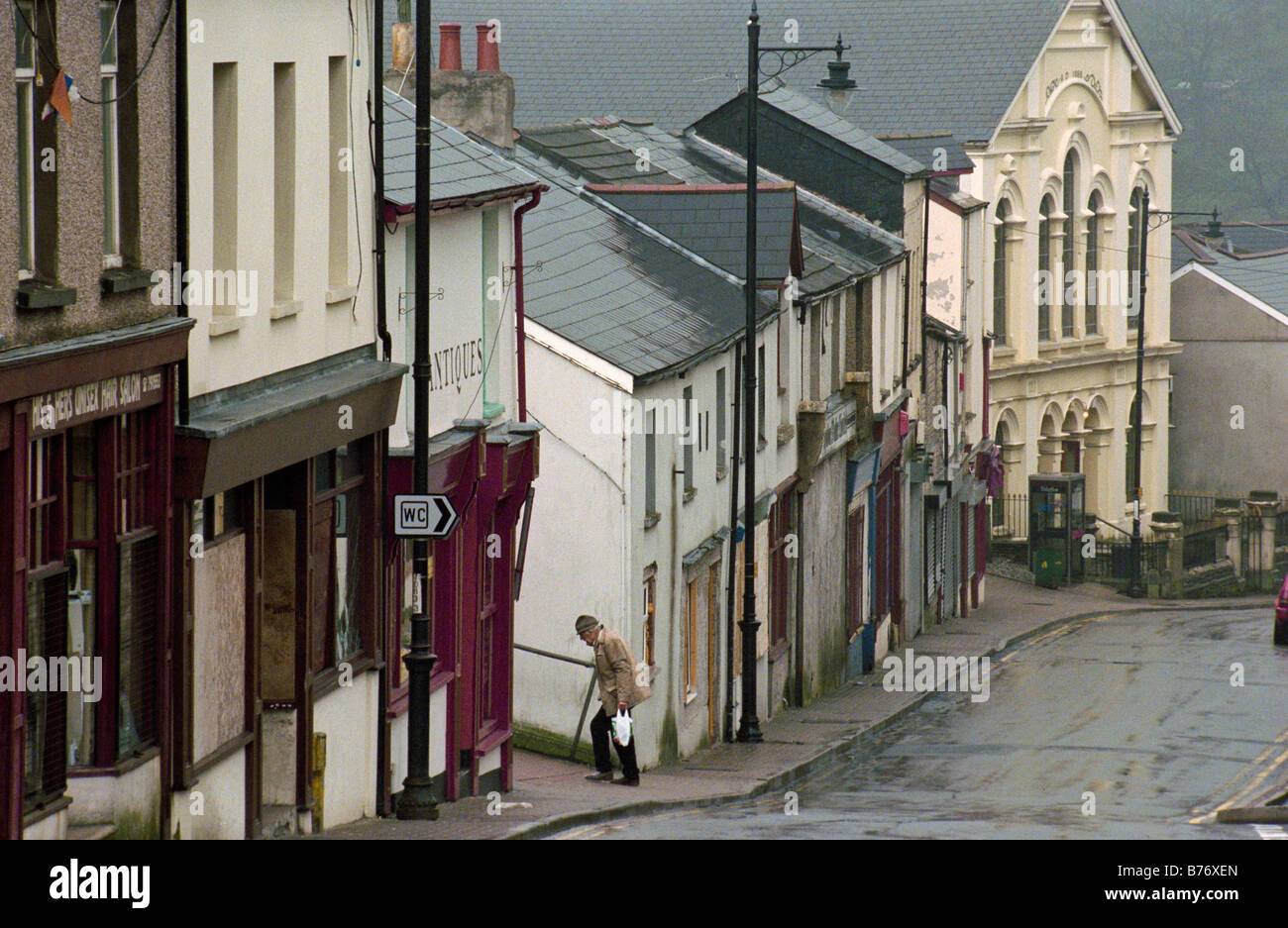 Main street in former coal mining town of Blaenavon in run down state