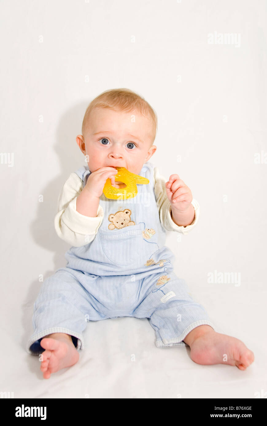 Full Length Portrait of Baby Boy Sitting Up Chewing on Yellow Teething Toy Cut Out on White Stock Photo
