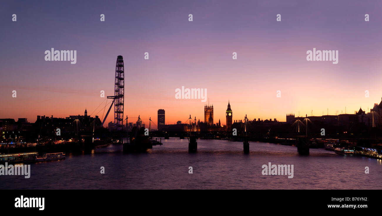 London Eye, Big Ben & Parliament at dusk. High Resolution Panoramic image Stock Photo
