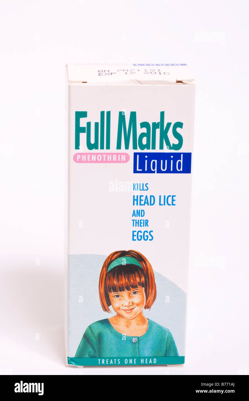 Full Marks phenothrin liquid for the cure of head lice and their eggs often found in young children Stock Photo