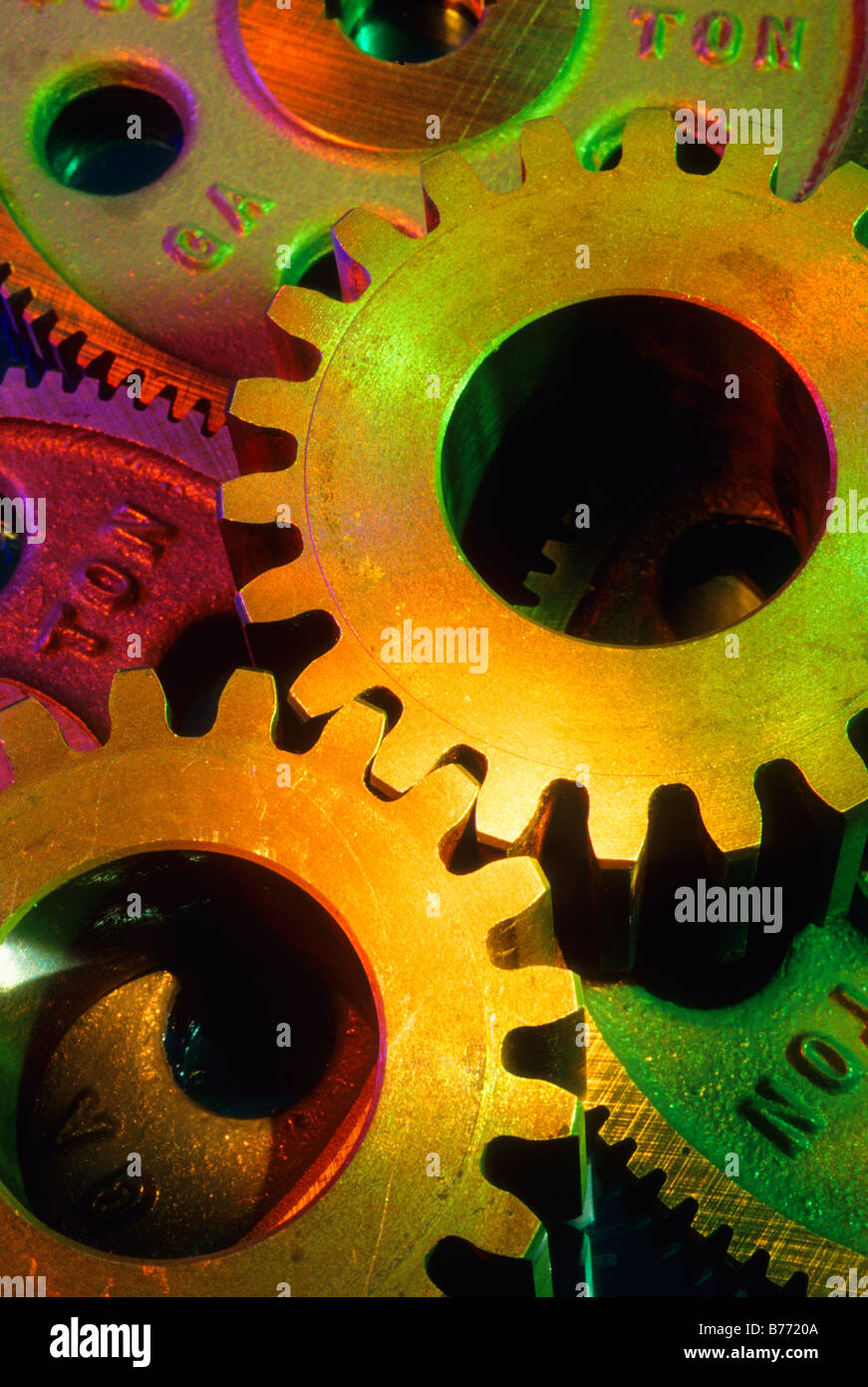 Mechanical gears. Heavy metal machinery gear for industrial use. Automation component, teamwork