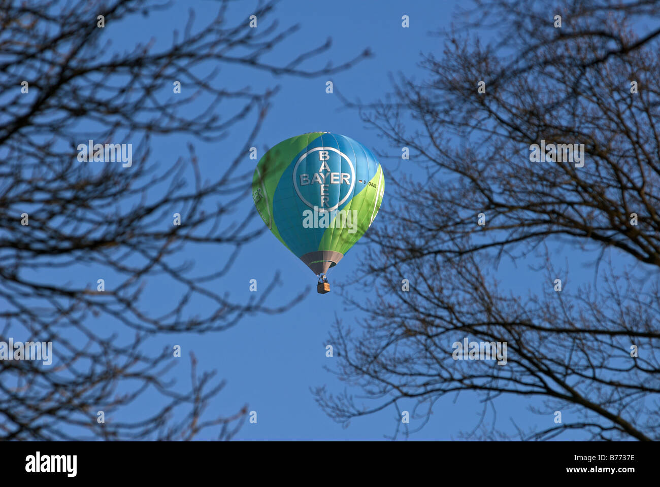 Hot air ballon with the Bayer logo flying over Leverkusen, North Rhine-Westphalia, Germany. Stock Photo