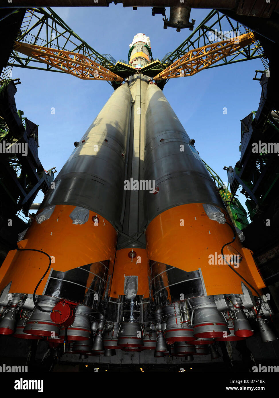 The Soyuz TMA-13 spacecraft arrives at the launch pad. Stock Photo